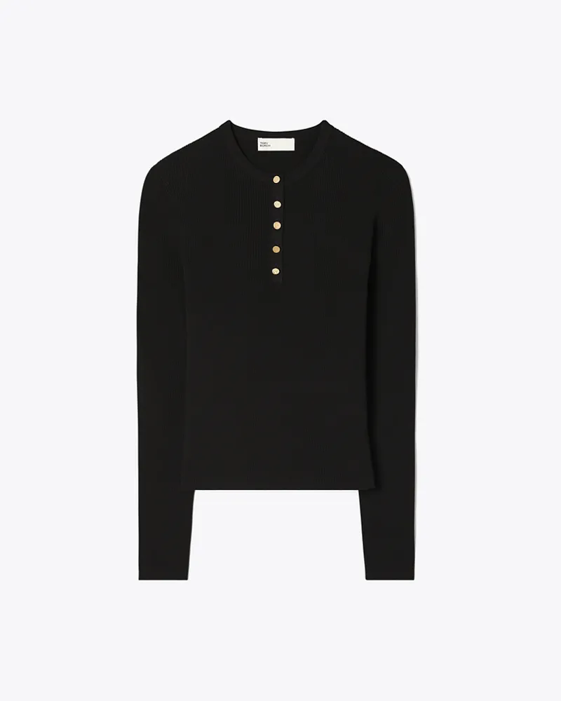 Tory Burch Damen Geripptes Henley-Top aus Viskose Black