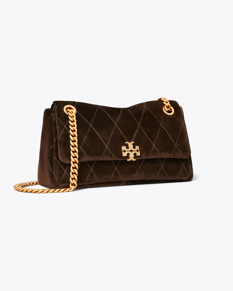 Tory Burch Kleine, gesteppte Charlie Schultertasche aus Samt mit Pavé Chestnut