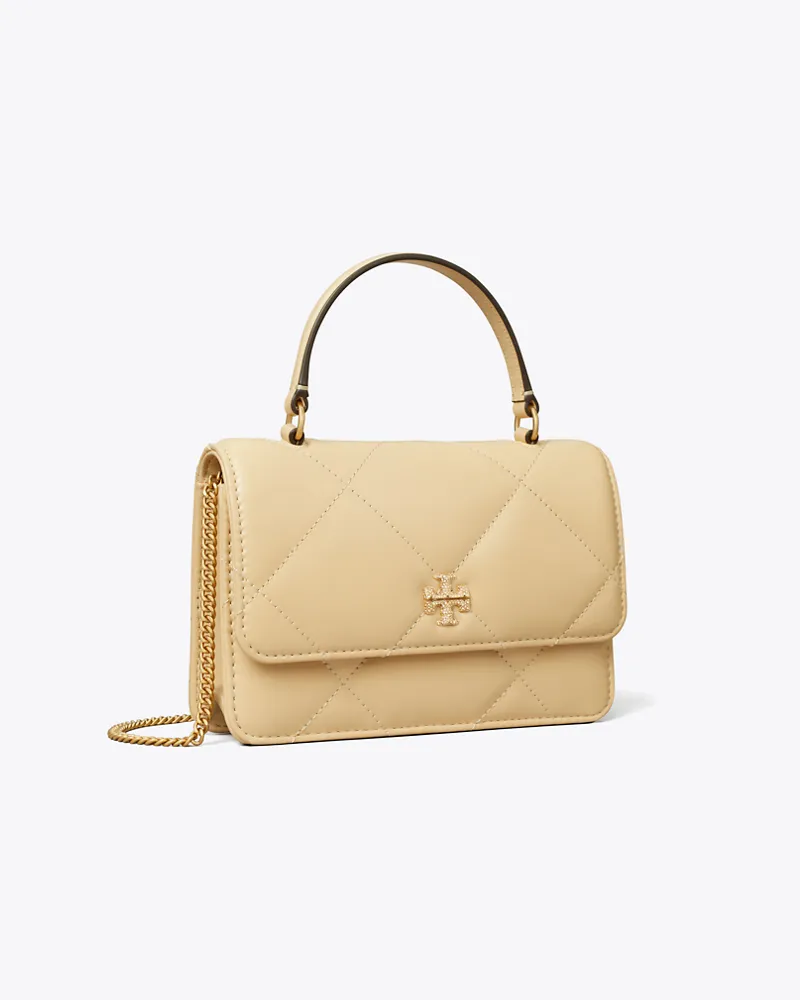 Tory Burch Damen Kira Mini-Geldbörse mit Pavé-Logo, Rautensteppung, Tragegriff oben und Kettenriemen Vanilla