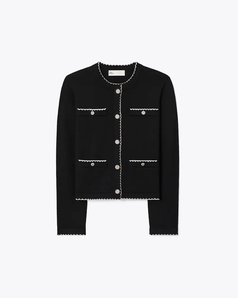 Tory Burch Kendra Cardigan aus Wolle mit Wellenkante Black