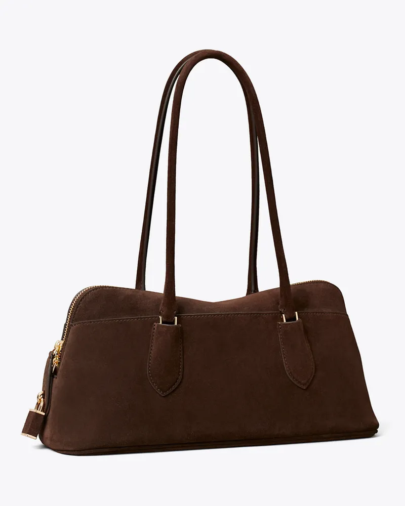 Tory Burch Henkeltasche im Querformat aus Wildleder mit Schloss Dark