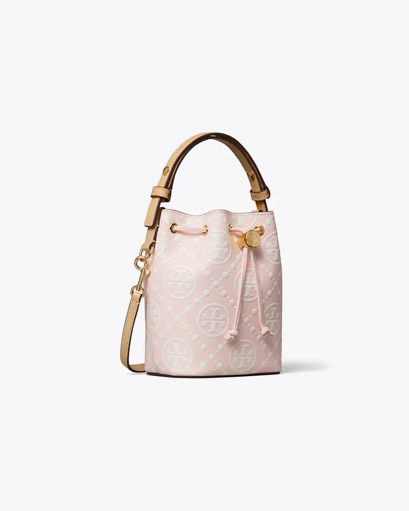 Tory Burch Damen Kontrastierend geprägte Mini Bucket Bag mit T-Monogramm Powder