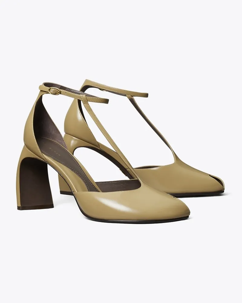 Tory Burch Damen Peeptoe-Sandale mit T-Riemen und Absatz Warm