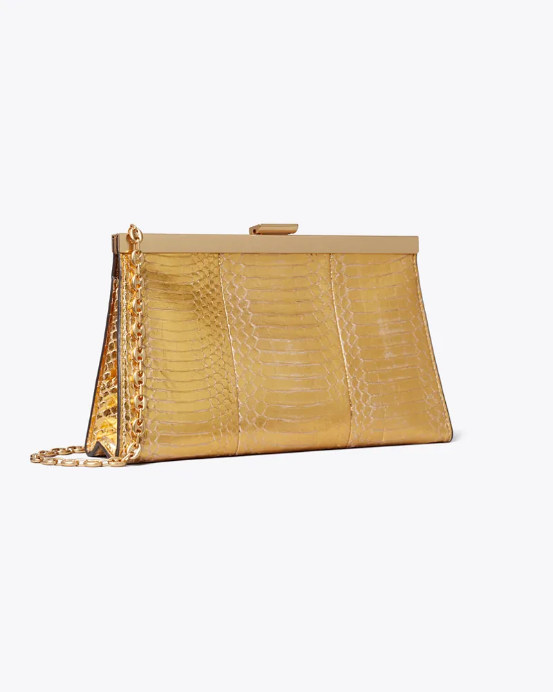 Tory Burch Gerahmte Gemini Link Clutch mit Schlangenhautmuster Gold
