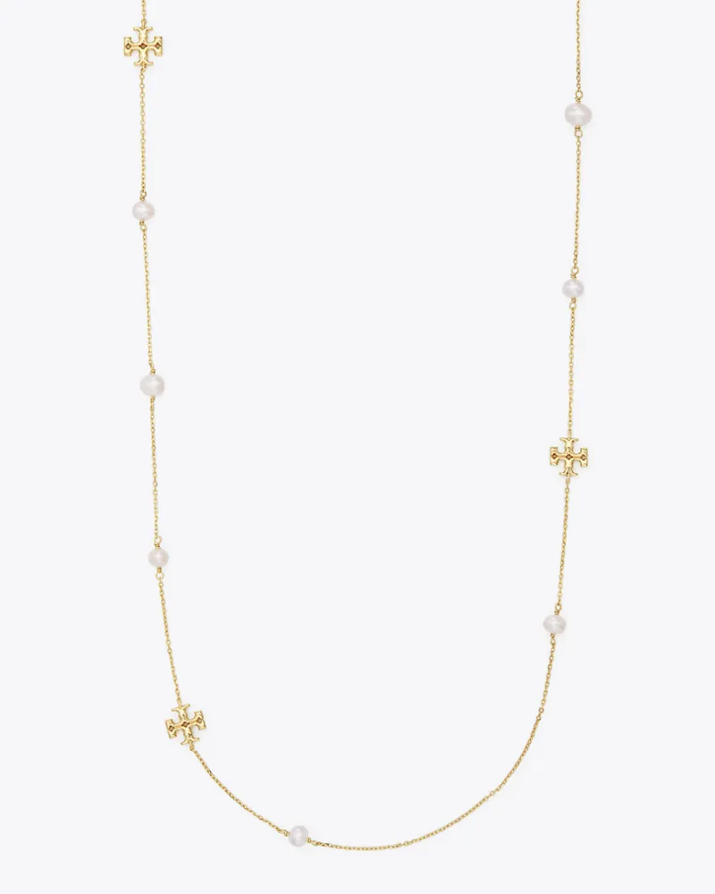 Tory Burch Damen Zarte, lange Kira Halskette mit Perlen in Gold/Weiß Tory