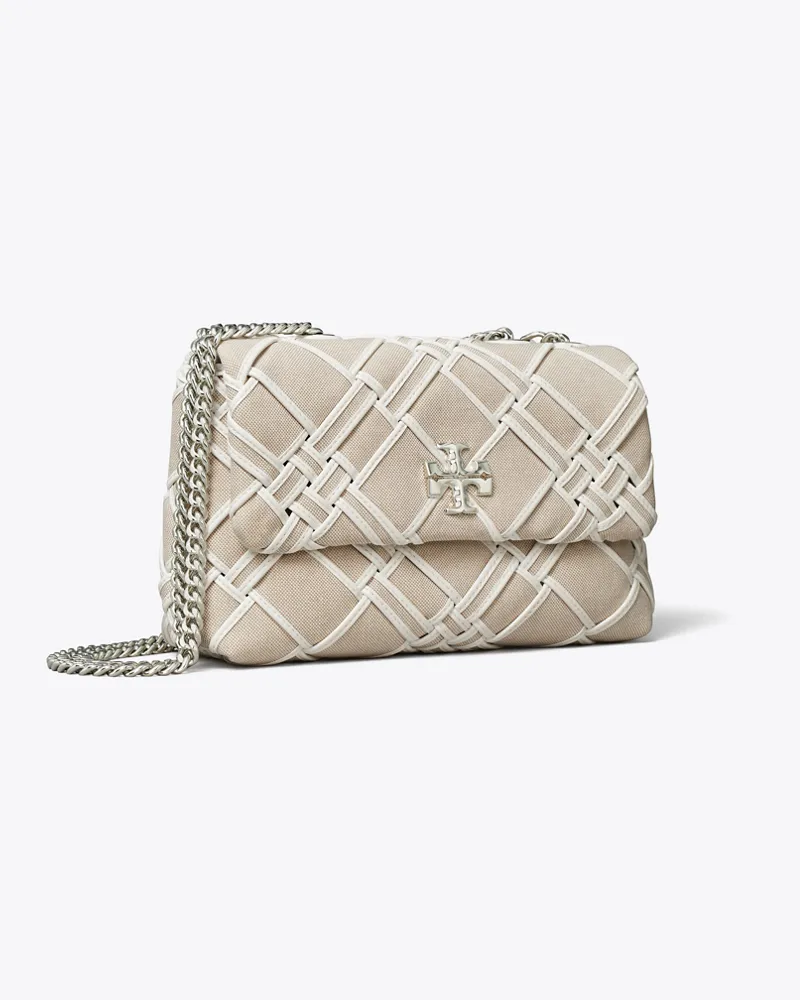 Tory Burch Damen Kleine, wandelbare Kira Schultertasche aus gewebtem Canvas Natural