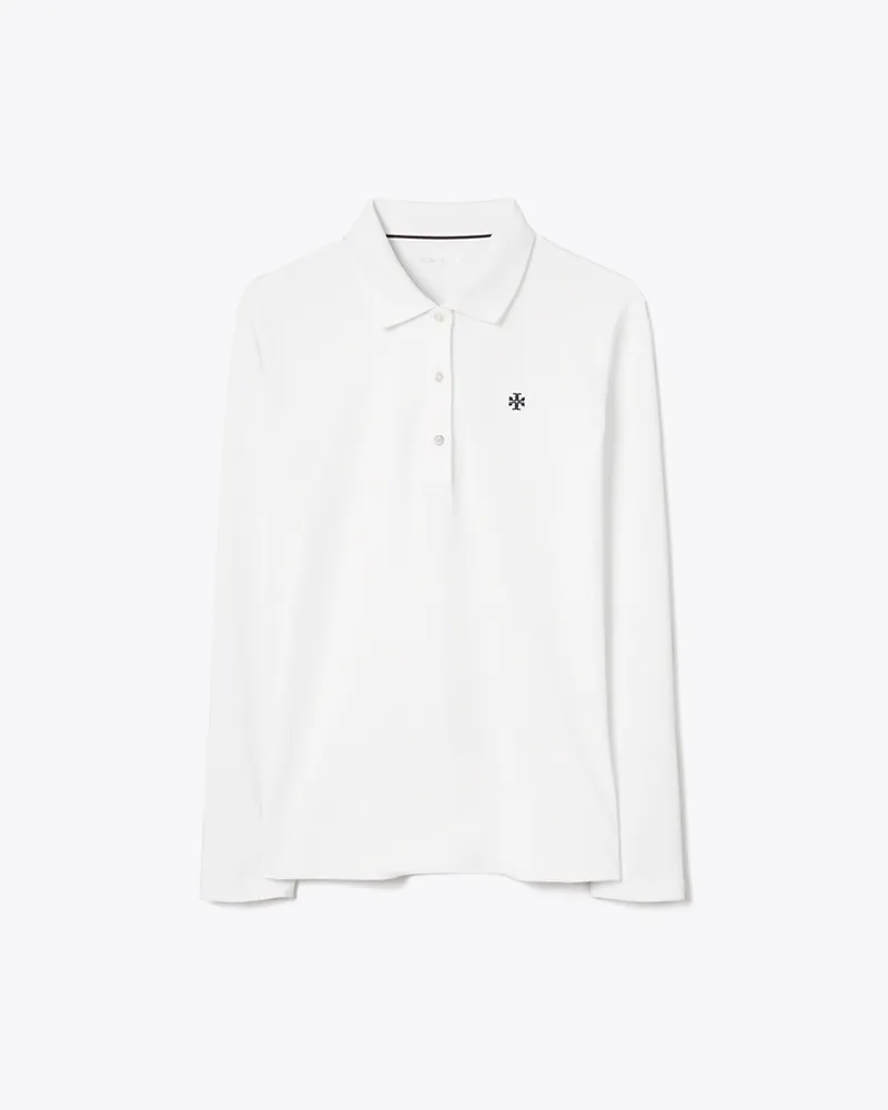 Tory Burch Damen Klassisches Langarmpoloshirt aus technischem Piqué Snow