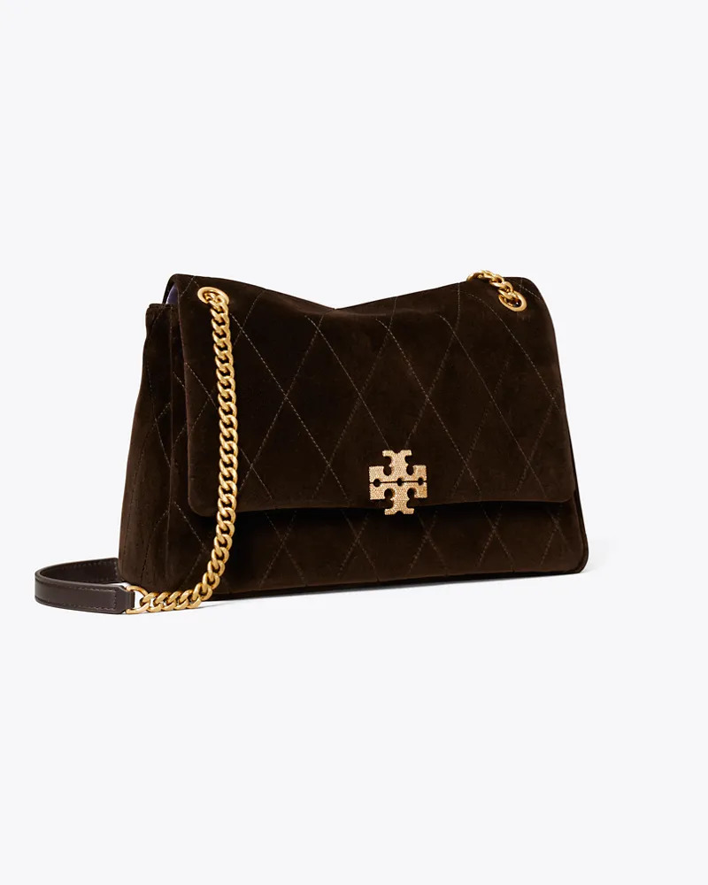 Tory Burch Gesteppte Charlie Schultertasche aus Samt mit Pavé Chestnut