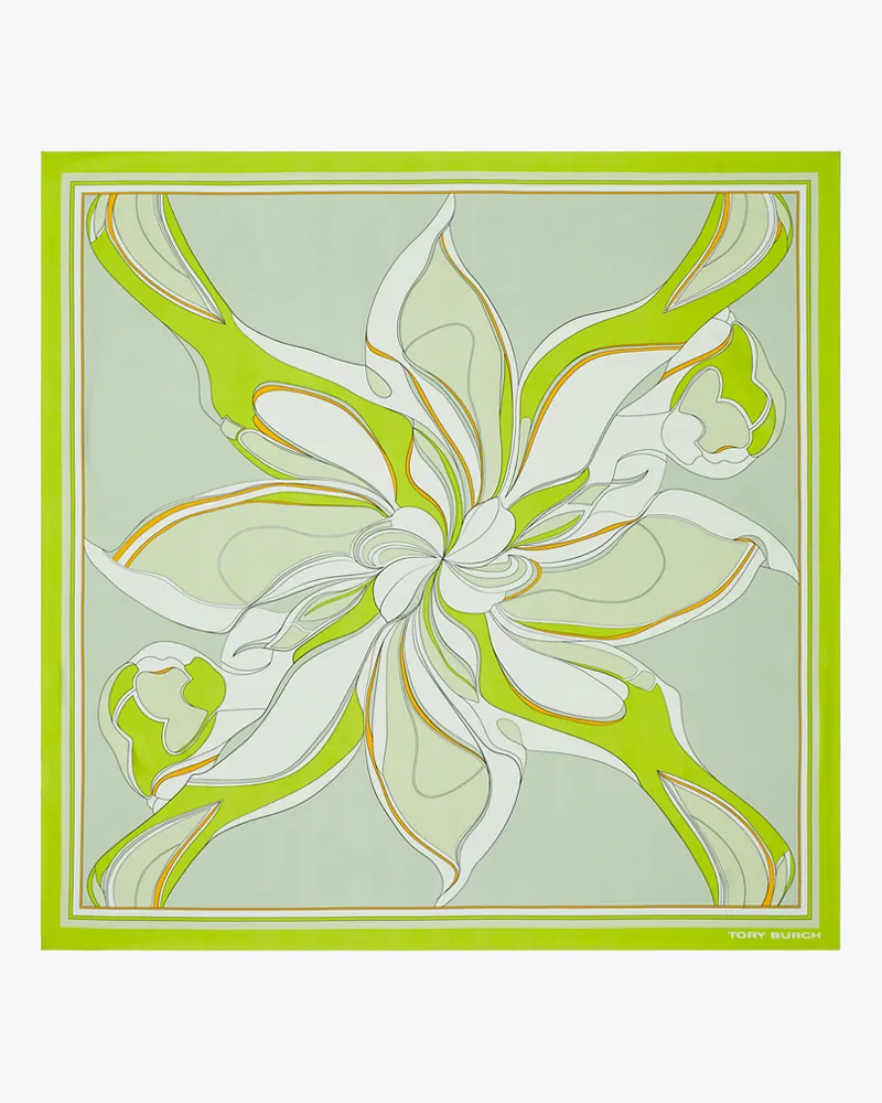 Tory Burch Damen Quadratisches Oversize-Seidentuch mit verschnörkeltem Blumen-Print Chartreuse
