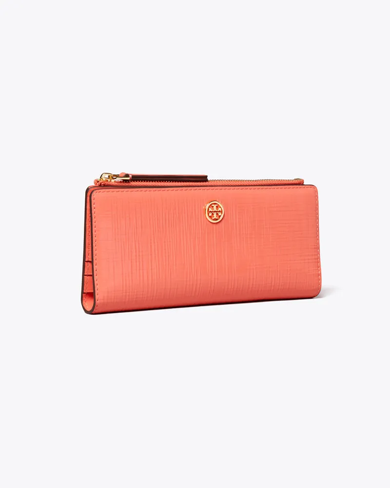 Tory Burch Robinson Crosshatched Zip Slim Wallet Coral