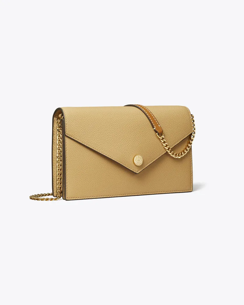 Tory Burch Damen Strukturierte Geldbörse im Kuvert-Stil mit Kette Biscotti