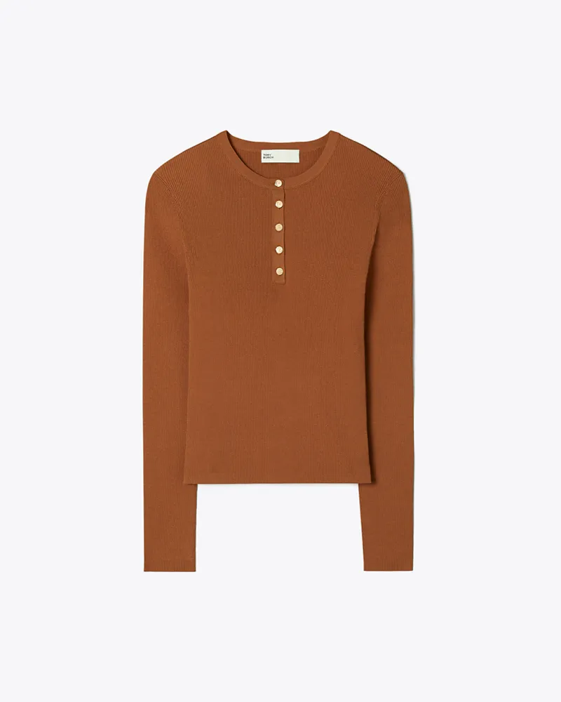 Tory Burch Damen Geripptes Henley-Top aus Viskose Cinnamon