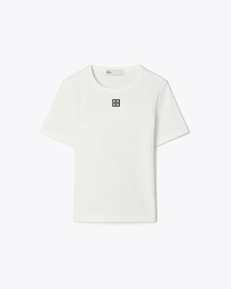 Tory Burch Damen Geripptes Baumwoll-T-Shirt Snow