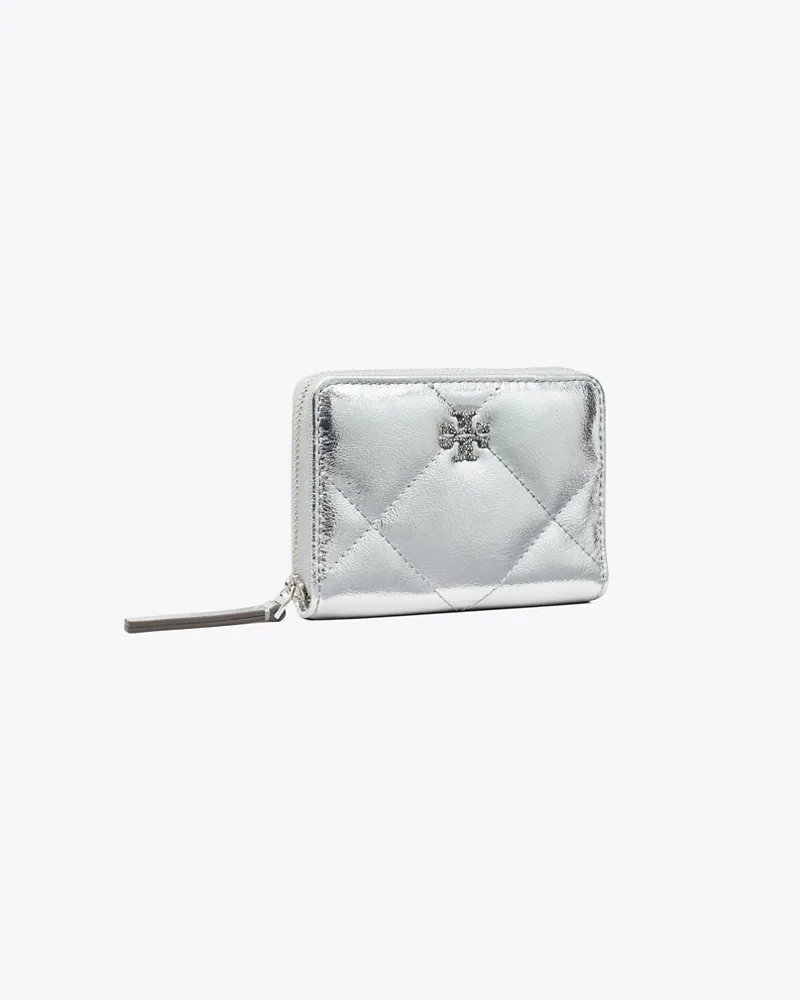 Tory Burch Damen Small Kira Diamond Quilt Metallic Zip-Around Wallet Silver