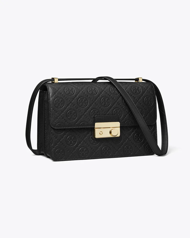 Tory Burch Damen Strukturierte Schultertasche mit T-Monogramm Black