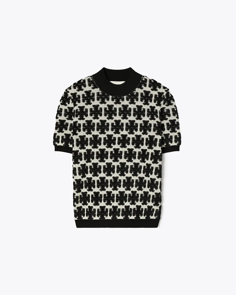 Tory Burch Damen T-Shirt mit Stehkragen und T-Monogramm Black