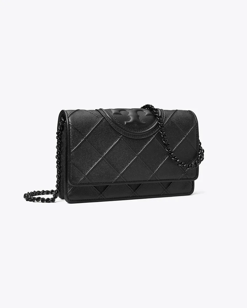 Tory Burch Damen Fleming Geldbörse aus poliertem Narbenleder mit Kette Black