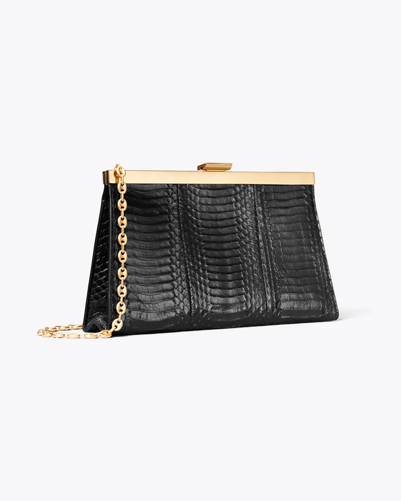 Tory Burch Gerahmte Gemini Link Clutch mit Schlangenhautmuster Black