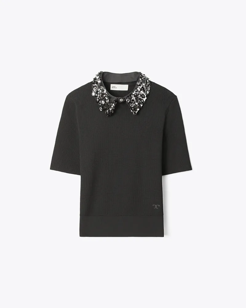 Tory Burch Damen Embellished Collar Short-Sleeve Top Black