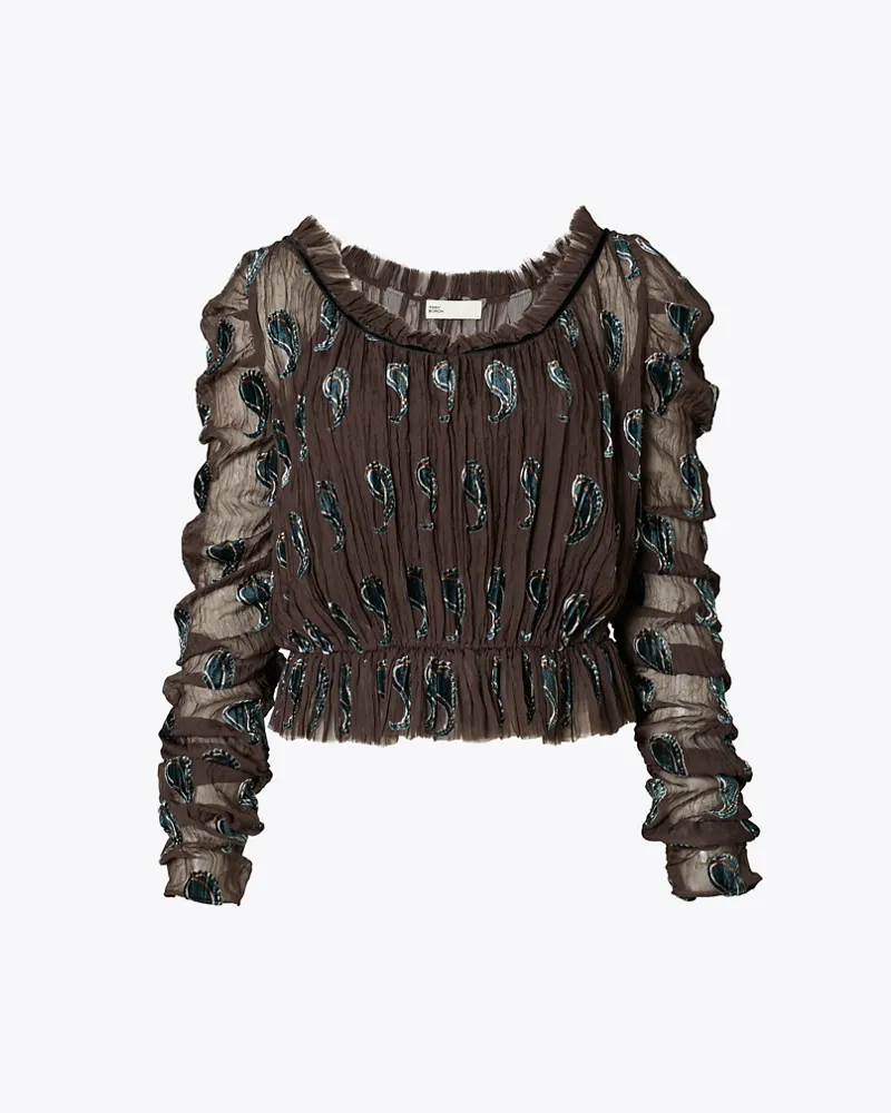 Tory Burch Damen Ruched Velvet Top Brown