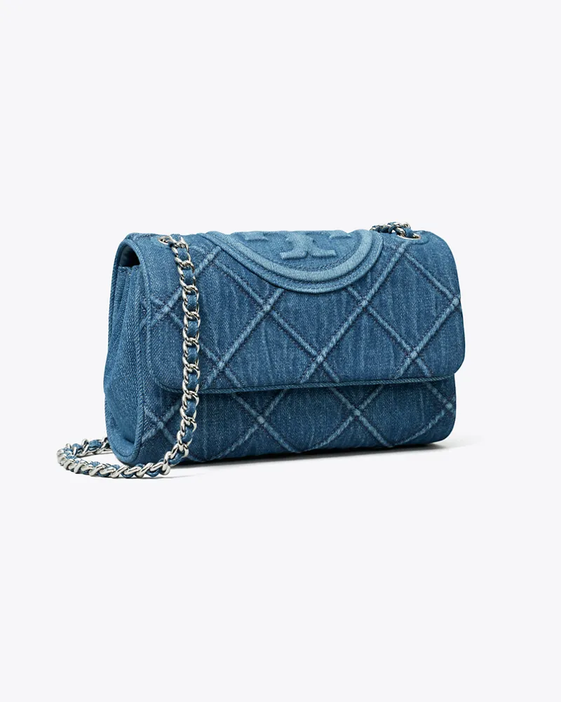 Tory Burch Damen Kleine, weiche, wandelbare Fleming Schultertasche aus Denim Denim