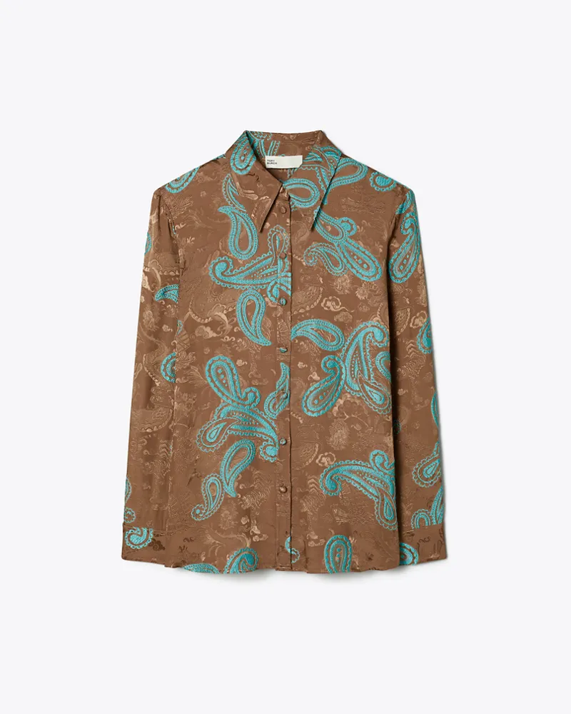 Tory Burch Damen Satinhemd mit Paisleymuster Aqua