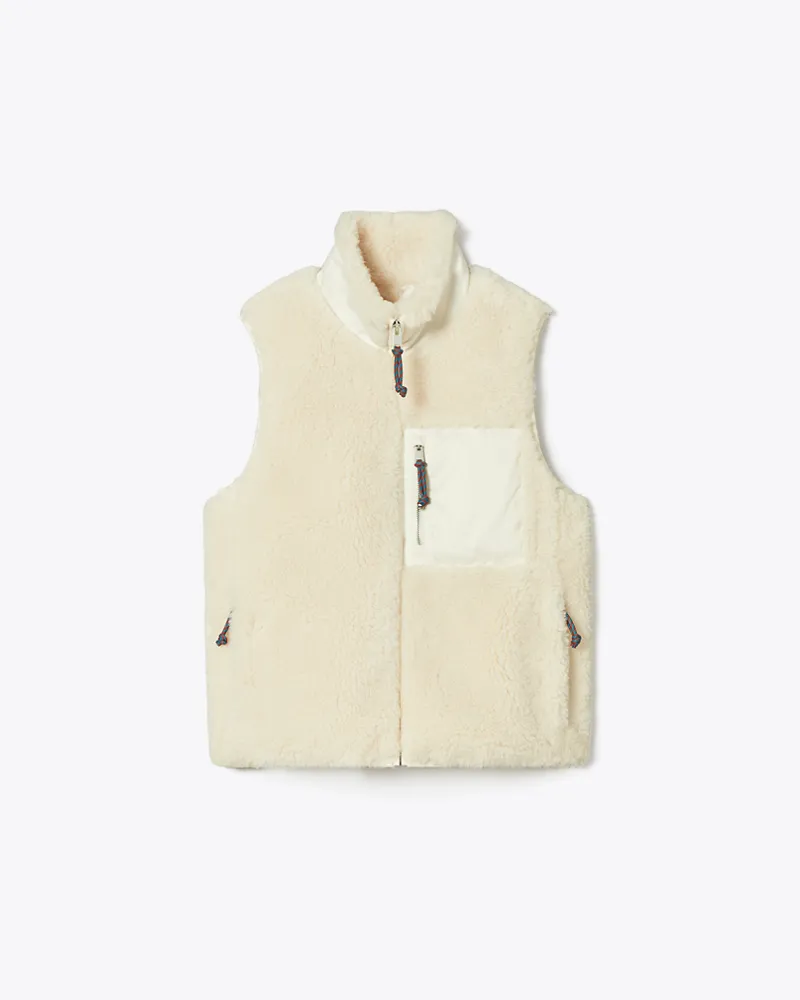 Tory Burch Damen Colorblock Fleece Vest Ivory