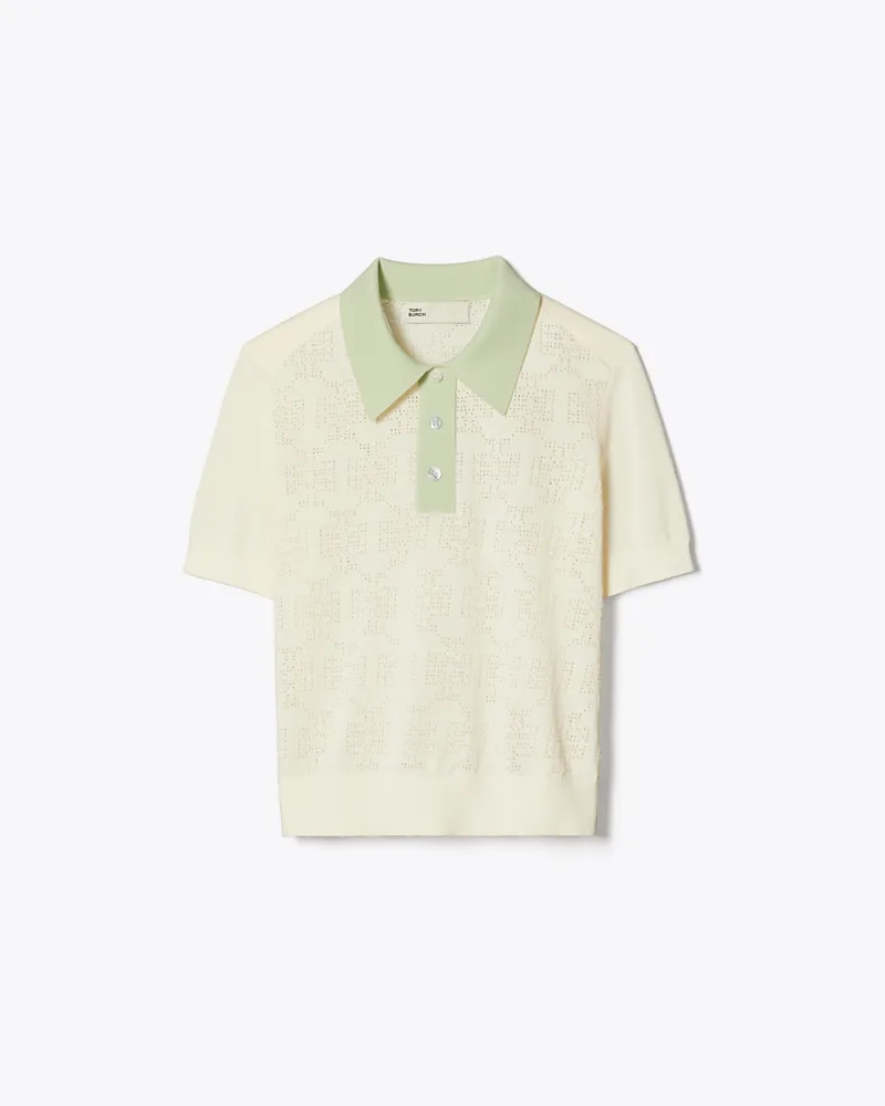 Tory Burch Damen Poloshirt aus Baumwolle mit Pointelle-Muster und Logo New