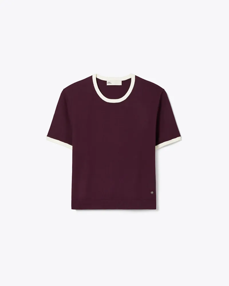 Tory Burch Damen Kurzärmeliger Pullover mit kontrastierendem Besatz Dark