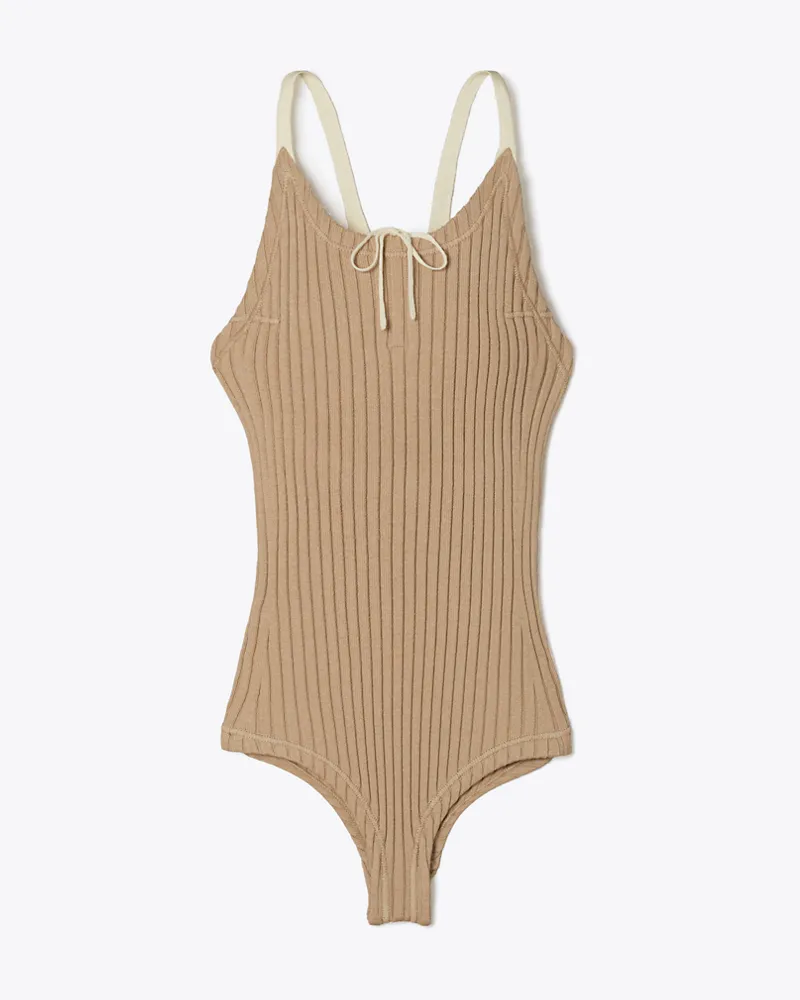 Tory Burch Damen Colorblock Ribbed Bodysuit Putty
