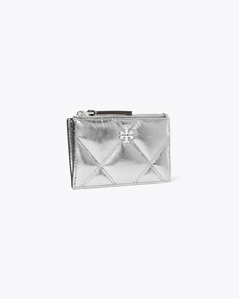 Tory Burch Kira Metallic Diamond Quilt Zip Card Case Silver