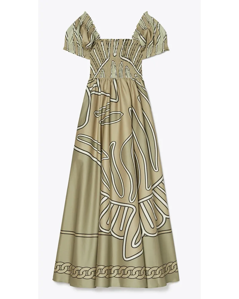 Tory Burch Print Smocked Cotton Dress Khaki