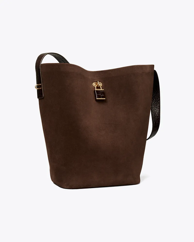 Tory Burch Schmale Lock Bucket Bag aus Wildleder Dark