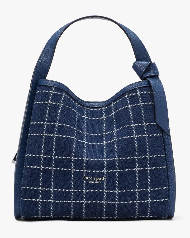 Kate Spade Knott Tote Bag zum Umhängen aus Denim mit Karo-Muster, mittelgroß Indigo