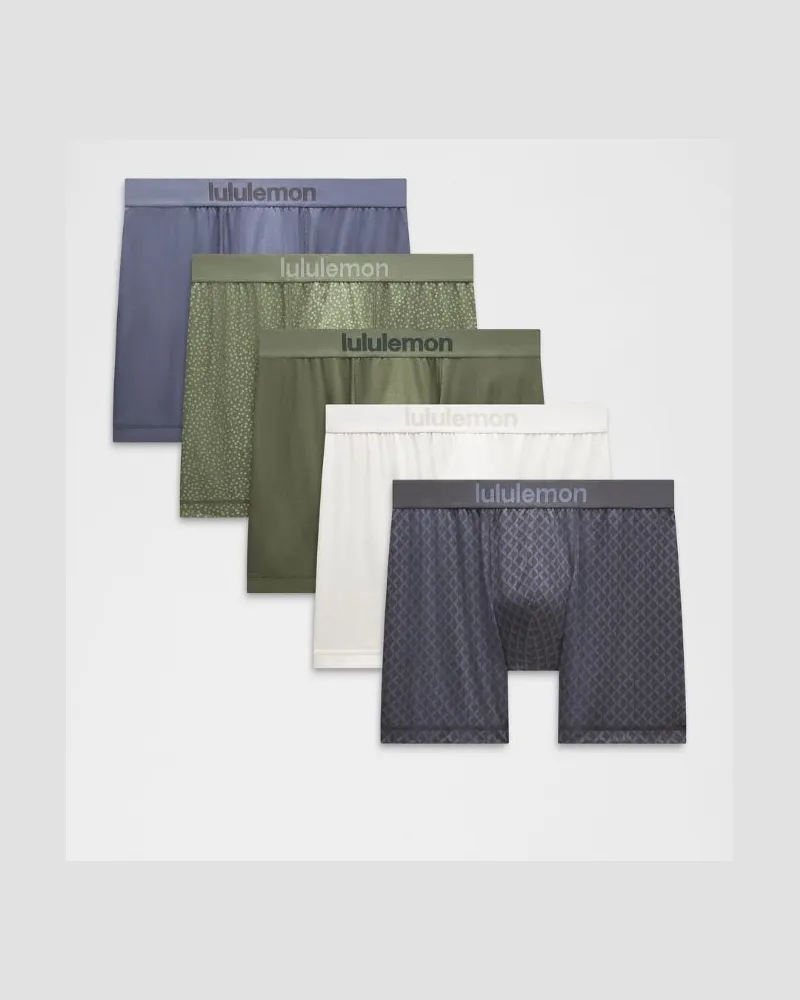 LULULEMON Always In Motion Boxershorts 5er-Pack für Männer – 13 cm – Größe in Bone/Stamp Dot Mini Willow Green Sassy Sage/Dusty Diamond Bone