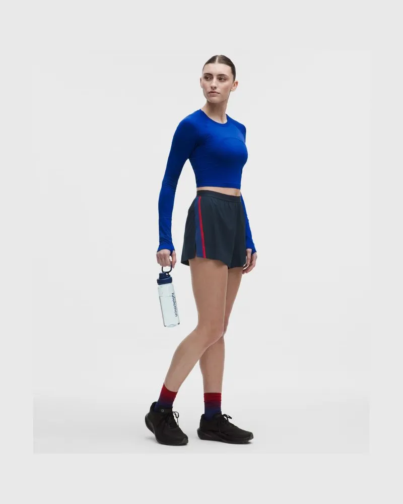 LULULEMON Shorts mit hohem Bund und Schlitz Streifen für Frauen – 8 cm – Größe in True Navy/Clubhouse Blue/Oxford Red True