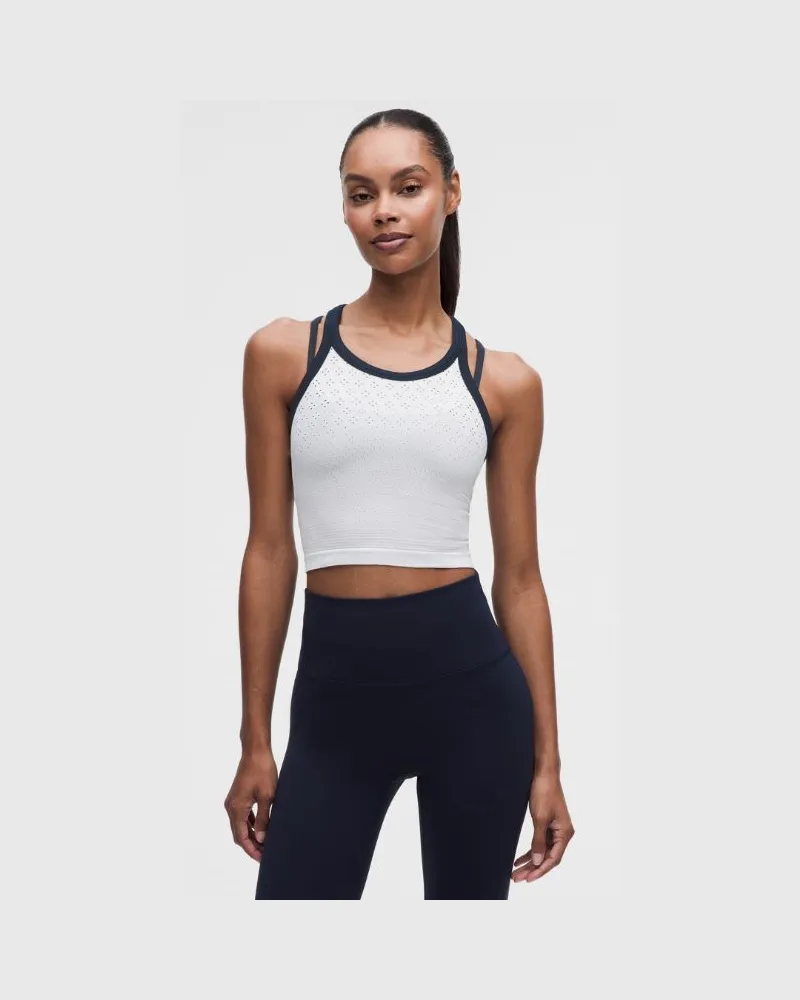 LULULEMON Swiftly Tech Crop-Tanktop mit Rundhalsausschnitt 2.0 für Frauen – Größe in Jewel Dot White/True Navy Jewel