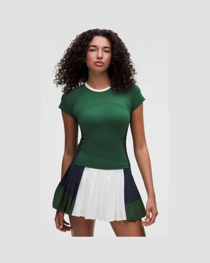 LULULEMON Swiftly Tech Kurzarmshirt 2.0 in Taillenlänge Colorblocking für Frauen – Größe in Ivy Grove/True Navy/White Ivy