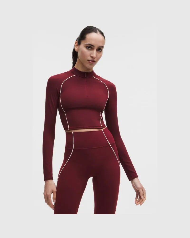 LULULEMON Wunder Train Cropped Long-Sleeve Half Zip für Frauen – Größe in Burgundy Bay/Light Ivory Burgundy