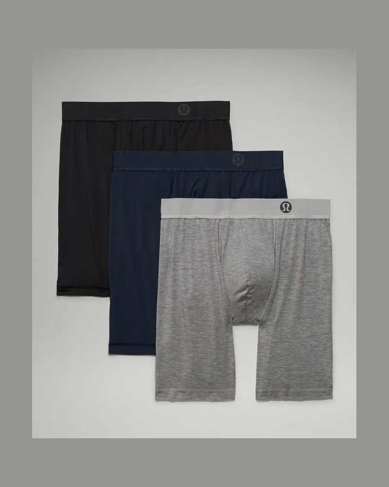 LULULEMON Always In Motion Lange Boxershorts 3er-Pack für Männer – 18 cm – Größe in Black/Heathered Core Medium Grey/True Navy Black