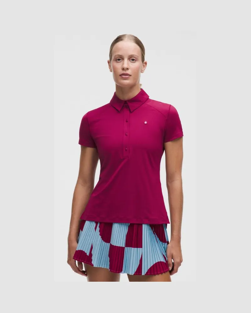 LULULEMON Schnelltrocknendes Kurzarm-Poloshirt mit geradem Saum Logo für Frauen – Größe in Raspberry Rave Raspberry