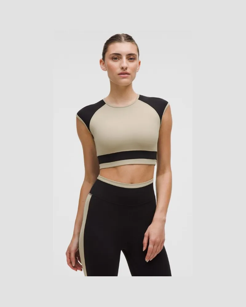 LULULEMON Crop-Kurzarmshirt aus Nulu Set des Monats: Retro-Remix für Frauen – Größe in Sheer Oak/Black Sheer