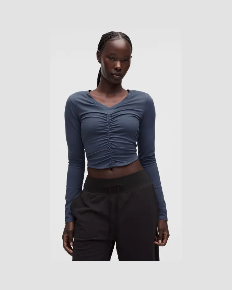 LULULEMON All It Takes-Langarmshirt mit V-Ausschnitt und Raffung für Frauen – Größe in Dusty Diamond Dusty