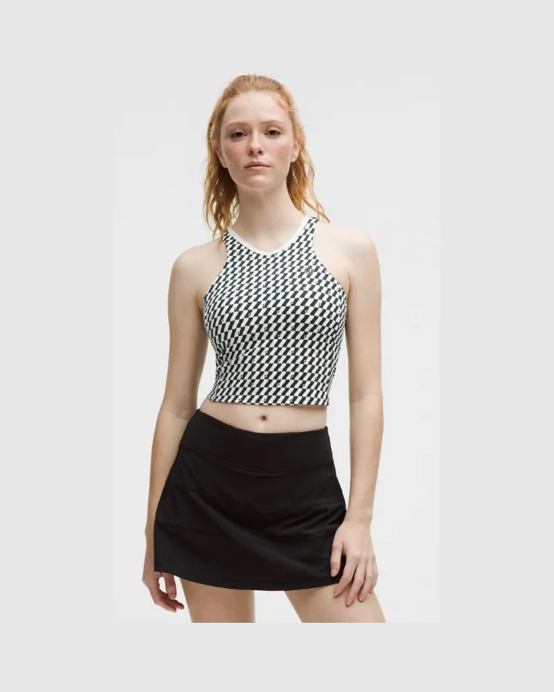 LULULEMON Kurzes Tennis-Tanktop mit V-Ausschnitt für Frauen – Größe in Hilltop Checkerboard White Rainforest Green Hilltop
