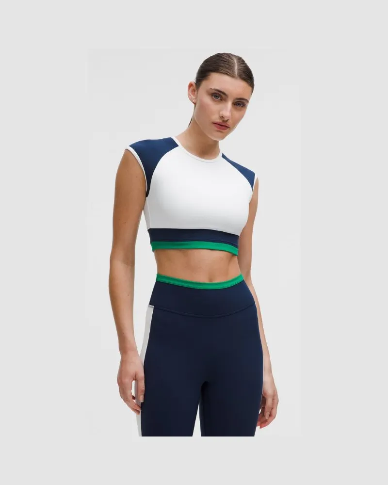 LULULEMON Crop-Kurzarmshirt aus Nulu Set des Monats: Retro-Remix für Frauen – Größe in White/Club Blue/Raceway Green White