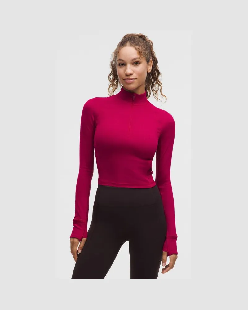 LULULEMON It's Rulu Geripptes Crop-Oberteil mit halblangem Reißverschluss für Frauen – Größe in Berry Rumble Berry
