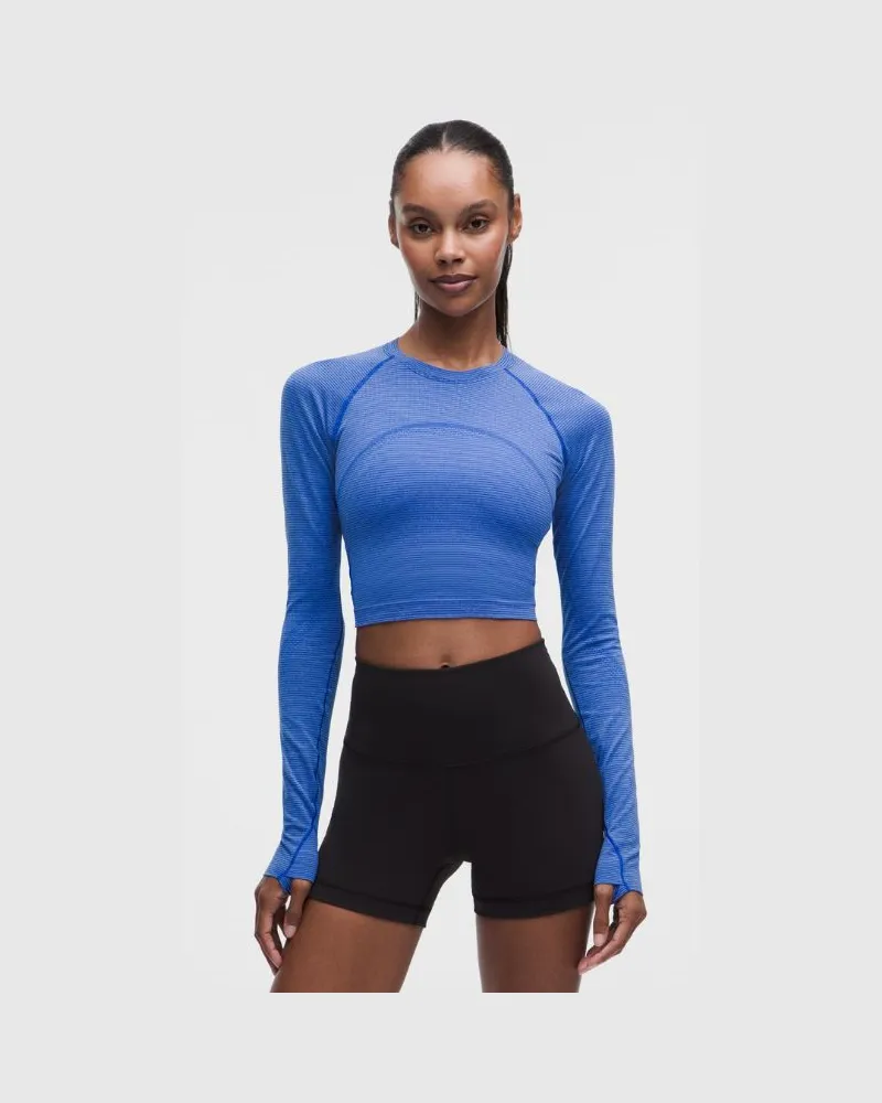 LULULEMON Swiftly Tech Cropped-Langarmshirt 2.0 für Frauen – Größe in Spandex Stripe Beach Ball Blue/White Spandex
