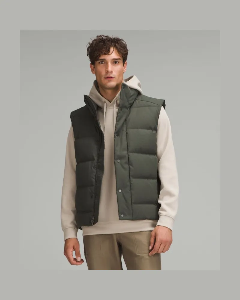 LULULEMON Puffer-Weste mit Füllkraft 600 Tech Canvas für Männer – Größe in Slate Brown Slate