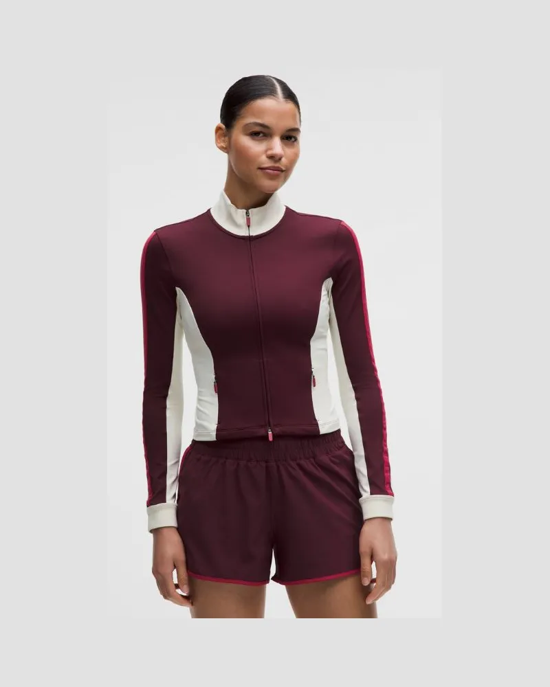 LULULEMON Trainingsjacke im Slim Fit mit Streifen für Frauen – Größe in Burgundy Bay/Light Ivory/Oxford Red Burgundy