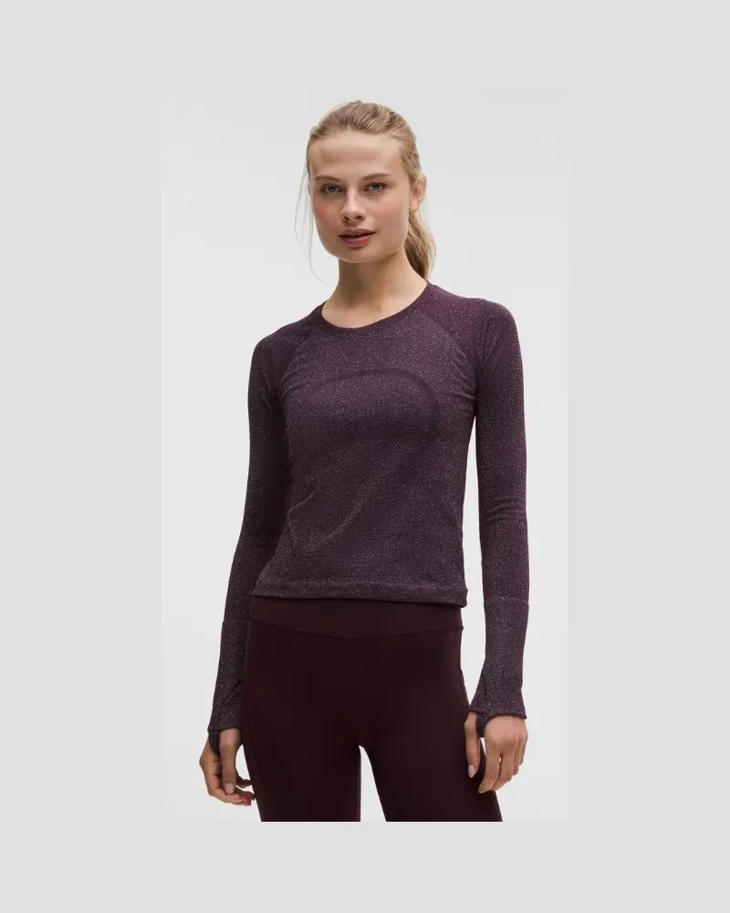 LULULEMON Swiftly Tech Langarmshirt 2.0 in Taillenlänge Glänzend für Frauen – Größe in Black Plum/Rainbow Lurex Black